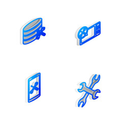 Set Isometric line Microwave oven service, Database server, Smartphone and Crossed wrenchs icon. Vector