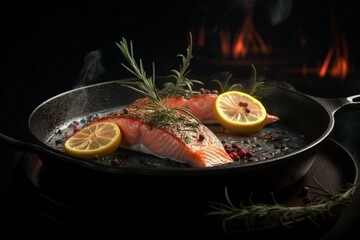 steak_flies_into_a_grill_pan_rosemary_spices_lemon