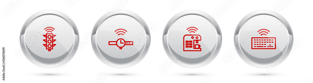 Poster set line smart traffic light, smartwatch, coffee machine and wireless keyboard. silver circle button