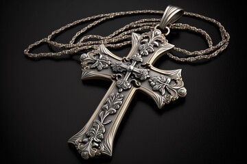 3d silver cross on black background. AI generated