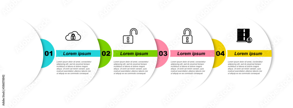 Poster set line cloud computing lock, open padlock, and server security with. business infographic template