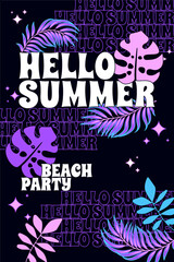 Vector y2k Hello Summer Beach Party flyer template. 90s nostalgia vaporwave cyberpunk rave design. Bright youthful neon electric summer jungle exotic tropic background, wallpaper, flyer, poster design