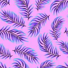 Vector tropical summer seamless pattern. Bright neon electric colors y2k style. Summertime palmtree leaves endless background. Fabric textile upholstery design, web backdrop. Exotic tropic wallpaper