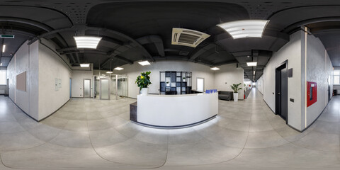 full seamless spherical hdri 360 panorama in corridor near reception of  modern coworking office in...