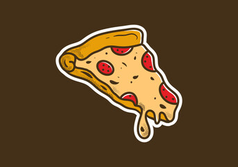 Vintage art illustration sticker of melted pizza slice