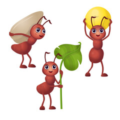 Set of funny cartoon ants. Ants carry a leaf, seeds and berries. Cartoon ants for children on a white background.