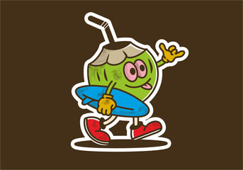 Mascot character sticker of walking coconut holding surf board