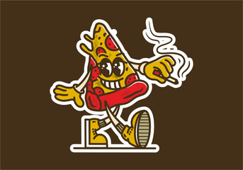 Mascot character sticker of walking pizza slice with happy face