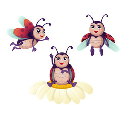 Set of funny cartoon ladybugs. A ladybug sits on a flower. Ladybug flying. Cartoon ladybugs for children on a white background