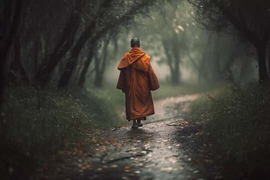  a monk walking in the woods