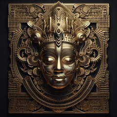 golden fantasy relief with tribal ornaments, symmetrical wall art, generative ai