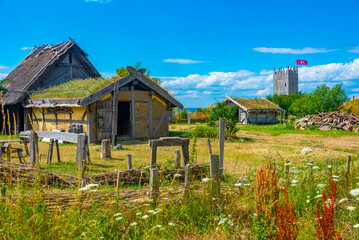 Wooden huts at Foteviken viking museum in Sweden