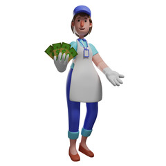 Rich Waiter 3D Cartoon Illustration with a lot of money, 3D character design Waiter has a lot of money in his hand, 3D Cartoon Waiter showing a lot of money