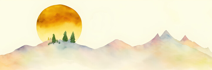 Watercolor landscape, painted mountains and hills, rising sun, ai generation, panoramic