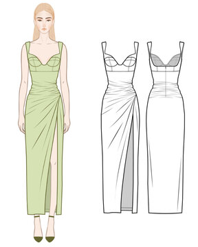 Fashion design illustration. dress flat technical drawing template. high slit dress technical fashion Illustration, front, and back view, isolated in white, green, CAD mockup set.