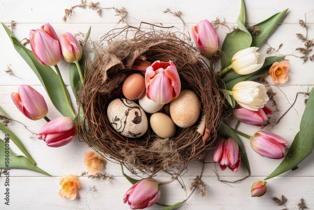 Poster birds nest with eggs and tulips in a spring garden created with generative ai technology
