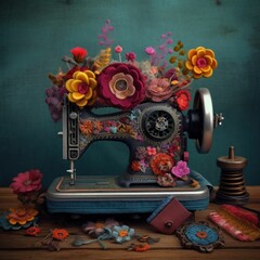 Fototapeta na wymiar Knitted flowers growing over a sewing machine