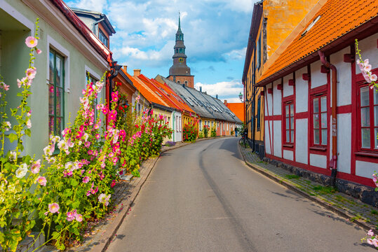 Traditional colorful street in Swedish town Ystad