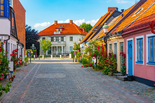 Traditional colorful street in Swedish town Ystad