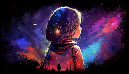 Space children meditate  new quality of universal colorful technology illustration image design, generative