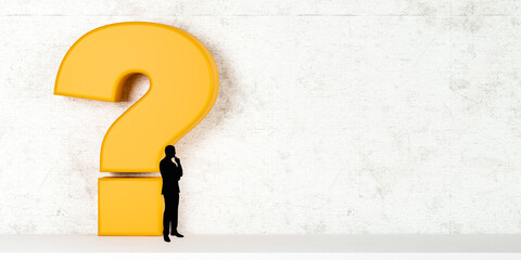 question. yellow question mark symbol and silhouette man on white background. Problem, solution, confusion counseling. copy space. 3d rendering