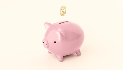 Piggy bank and one euro coin in slot of piggy bank. Investment income, real estate banking. Budget Finance Concept. 3d rendering