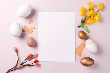 blank card with easter eggs and flowers