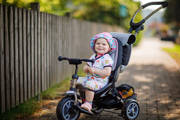 Cute adorable toddler girl sitting on pushing bicyle or tricycle. Little baby child going for a walk with parents on sunny day. Happy healthy kid in colorful clothes