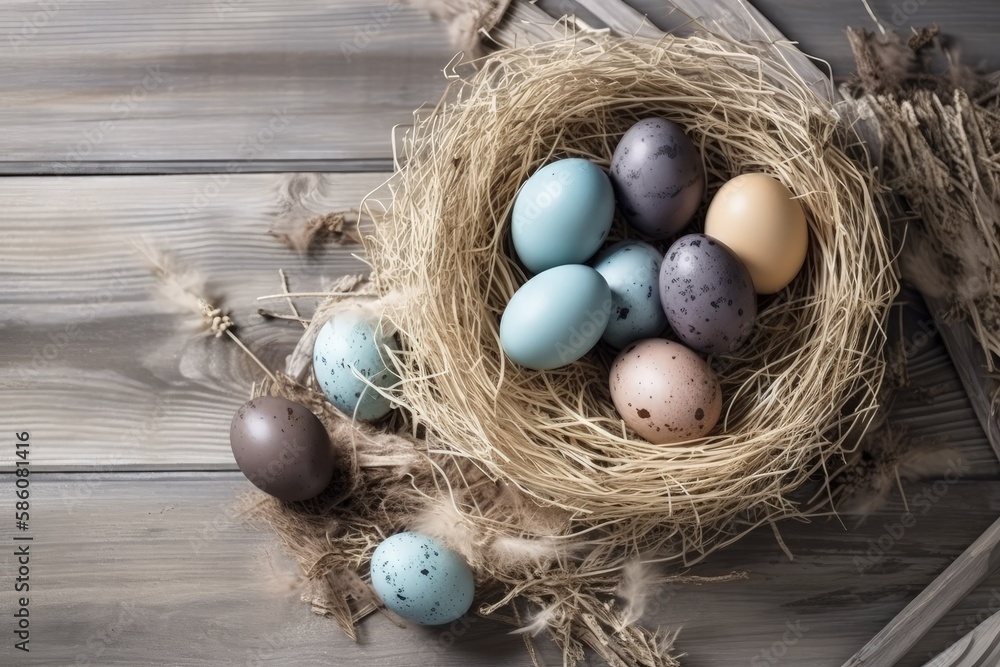 Poster nest filled with bird eggs on a rustic wooden table created with generative ai technology
