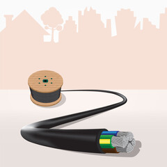 electrical copper wire on city background.