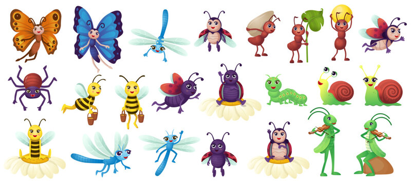 Big set of cartoon insects for kids. Humanized insects with hands and eyes for kids. Fun to study insects to play games.  Insects on white background.