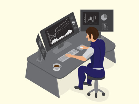 Businessman or stock market trader working at desk with three monitor showing data.