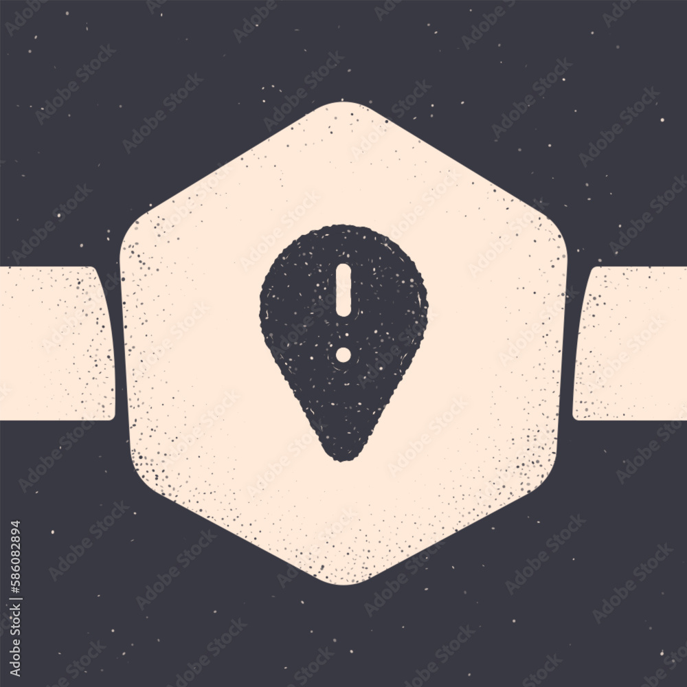 Poster grunge map pointer with exclamation mark icon isolated on grey background. hazard warning sign, care