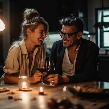 Pareja riendo y tomando una copa de vino en casa mientras se cocina la cena, Generative Ai