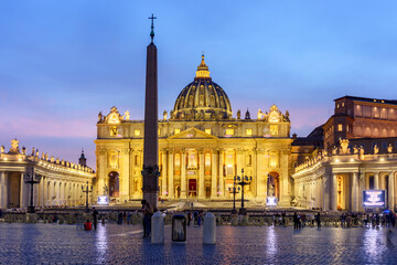 St. Peter's basilica in Vatican at night, center of Rome, Italy