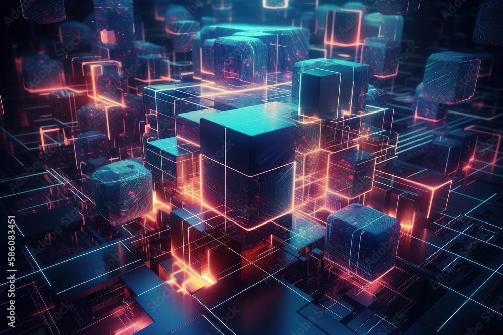 Poster illustration of floating geometric shapes in a colorful space created with generative ai technology