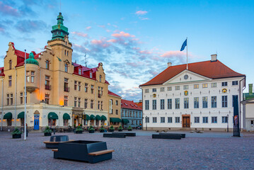 Sunset view of town hall at Stortorget square in Swedish town Kalmar