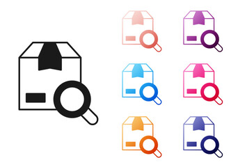 Black Search package icon isolated on white background. Parcel tracking symbol. Magnifying glass and cardboard box. Logistic and delivery. Set icons colorful. Vector