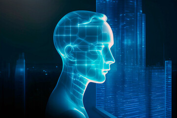 Artificial Intelligence - Computer head silhouette against virtual data skyline