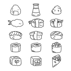 Sushi and rolls doodle set. Japanese food in sketch style. Hand drawn vector illustration isolated on white background