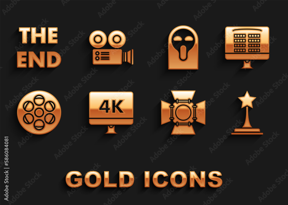 Canvas Prints Set Computer PC monitor with 4k video technology, Movie trophy, spotlight, Film reel, Funny and scary ghost mask, The End handwritten inscription and Cinema camera icon. Vector