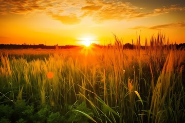 ﻿A field of tall grass with the sun setting in the background - Generative AI