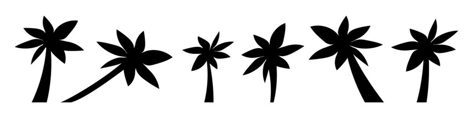 Cartoon palm trees black silhouette. Palm trees icon set. Vector illustration isolated on white background.
