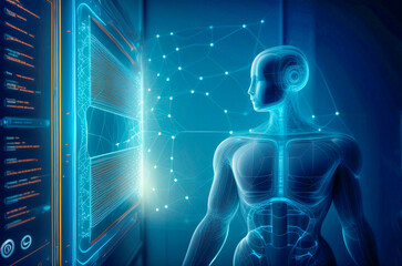Artificial Intelligence - Computer-generation body in front of virtual network