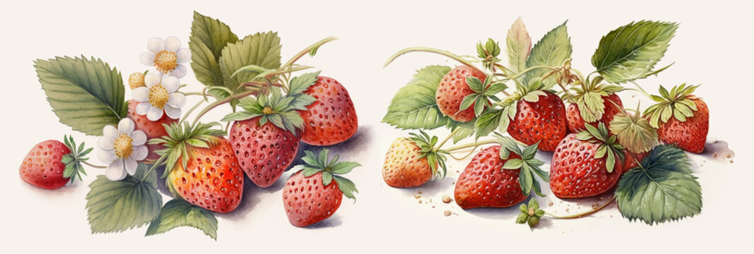 Watercolor drawing of ripe strawberries on white background, background banner, generative AI illustration