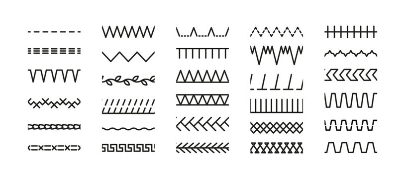 Set of seamless sewing stitches. Overlock embroidery seams. Collection of machine thread sew brushes. Simple zigzag elements vector illustration. Line border isolated on white background.