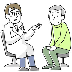 医師の診察を受けるシニア男性