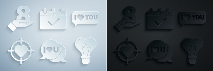 Fototapeta premium Set Speech bubble with I love you, Heart in the center of target aim, shape light bulb, Calendar 8 March and on hand icon. Vector