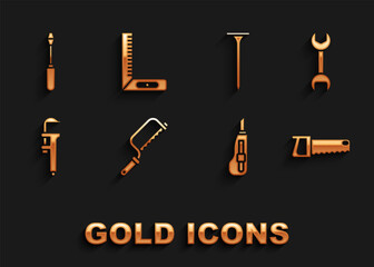 Set Hacksaw, Wrench spanner, Hand, Stationery knife, Calliper or caliper scale, Metallic nail, Screwdriver and Corner ruler icon. Vector