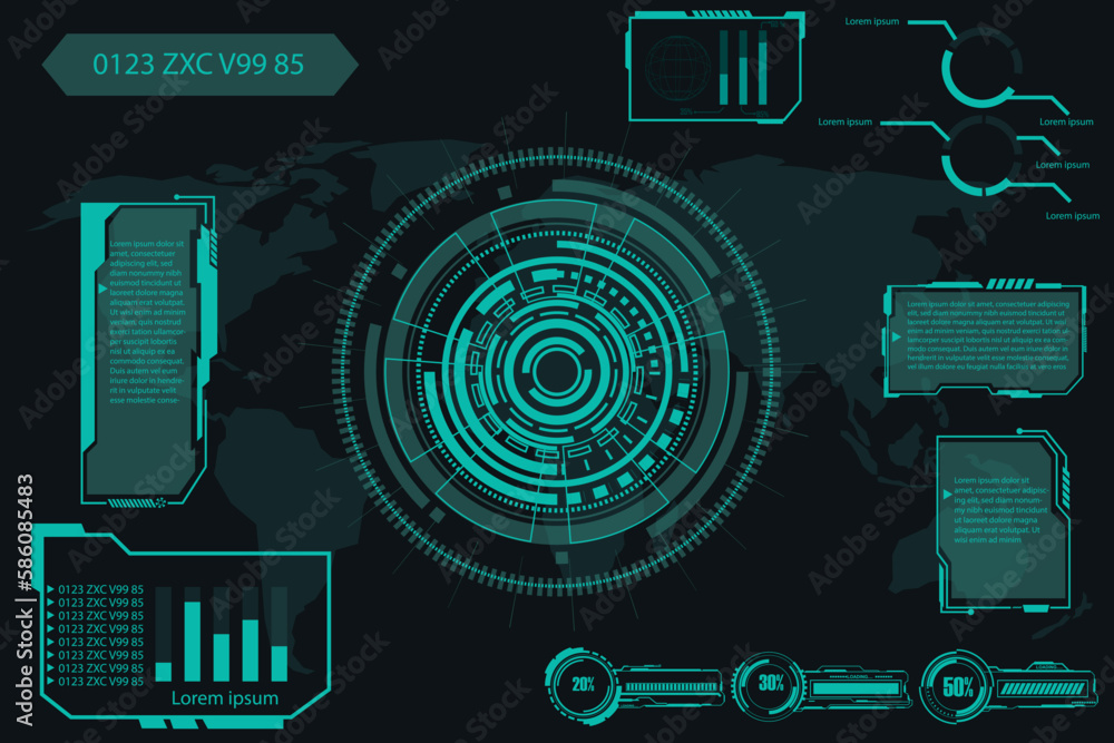 Fototapete digital interface hud elements set pack. user interface, frame screens. callouts titles, fui circle 